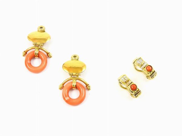 Two pair of yellow gold earrings set with diamonds and coral
