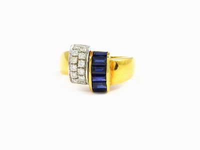 Anello in Oro Giallo, Diamanti e Zaffiri
