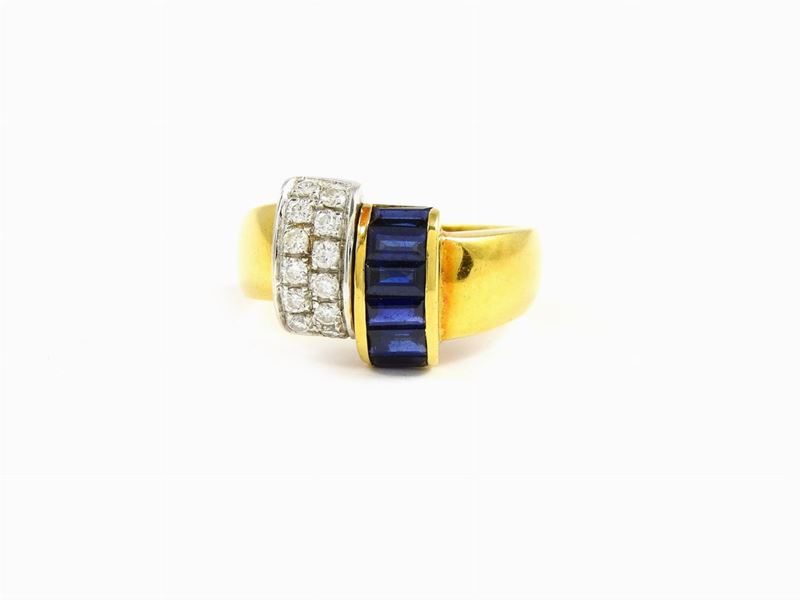 Anello in Oro Giallo, Diamanti e Zaffiri
