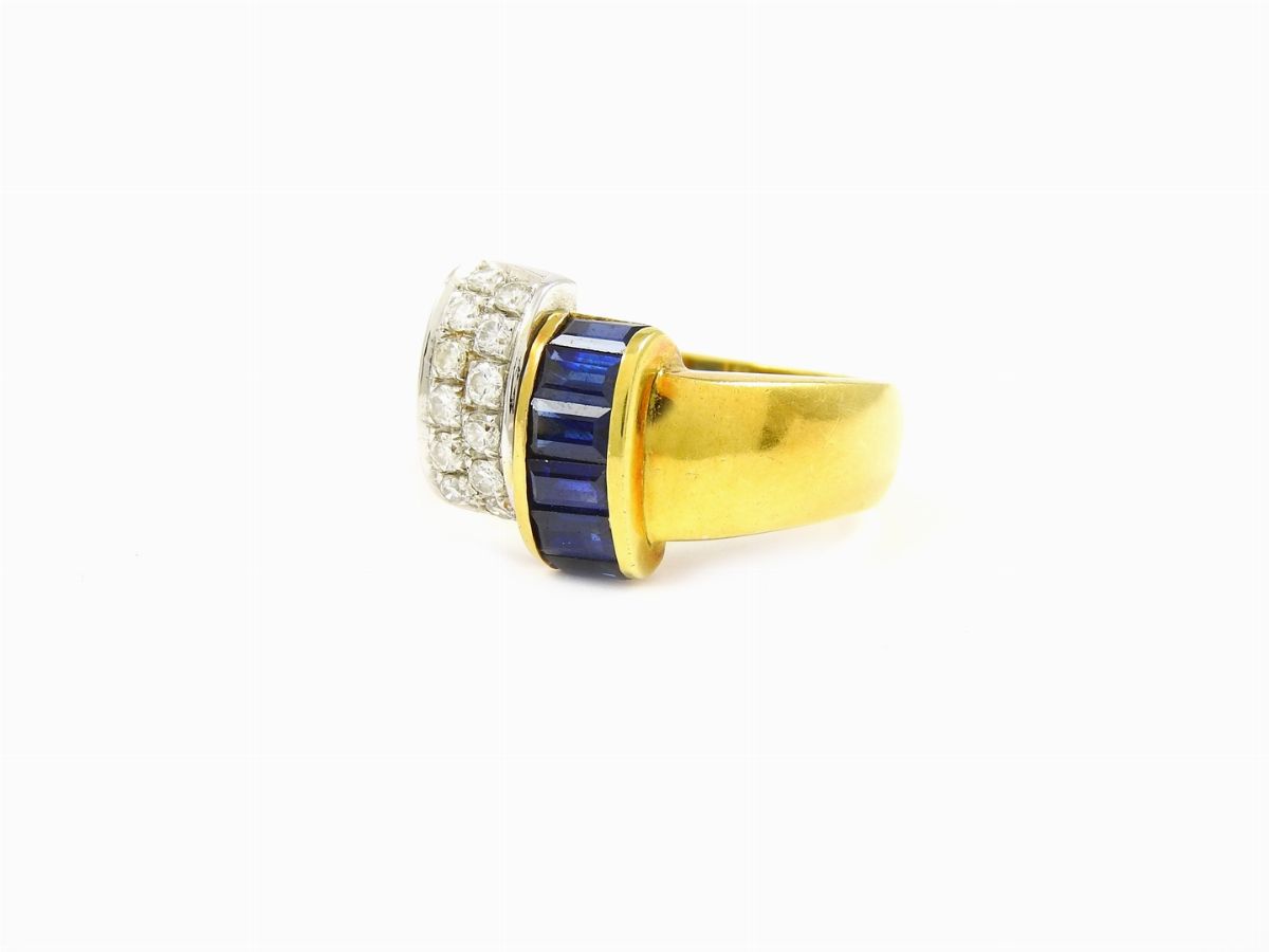 Anello in Oro Giallo, Diamanti e Zaffiri