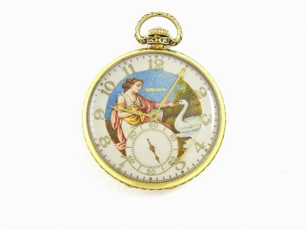 Mechanical 14 KT yellow gold pocket watch with enamels