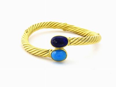 Bracciale Elastico a Torchon in Oro Giallo, Turchese e Lapslazzuli