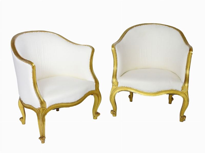 Coppia di Poltroncine a Pozzetto in Legno Dorato