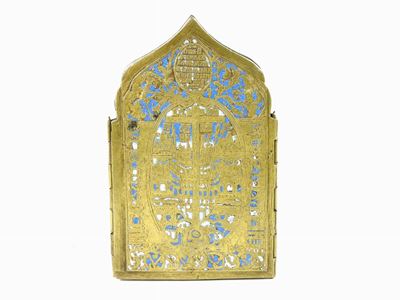 Icona da Viaggio in Bronzo Dorato e Smalti