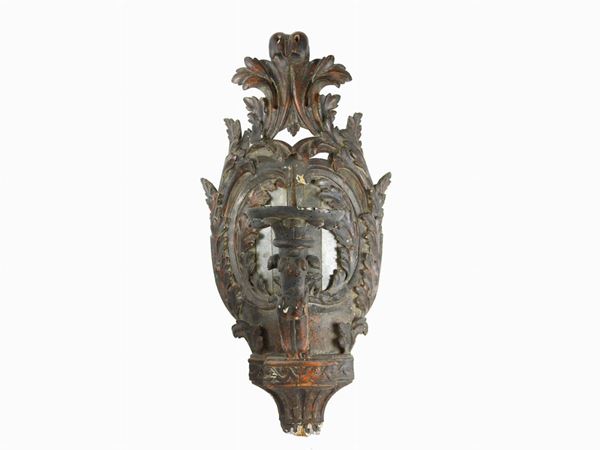 Lacquered and Carved Wooden Mirror with Candle Holder