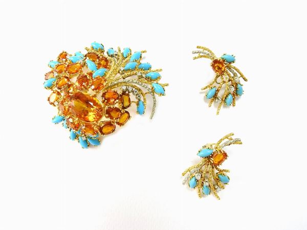Parure of yellow gold bracelet, brooch, ring and earrings