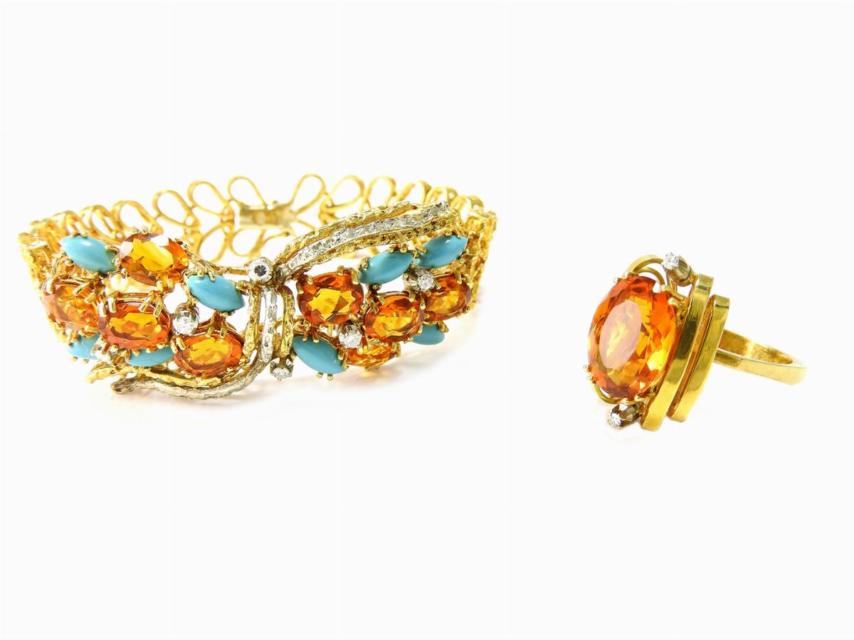 Parure in Oro Giallo, Diamanti, Quarzi Citrini e Paste Vitree Azzurre
