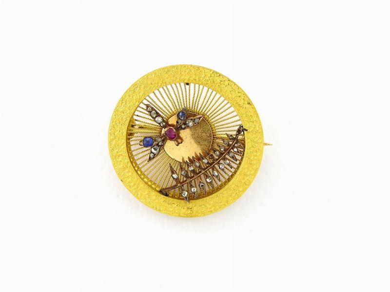Raffinata Spilla Liberty in Oro, Argento, Diamanti, Zaffiri e Rubino