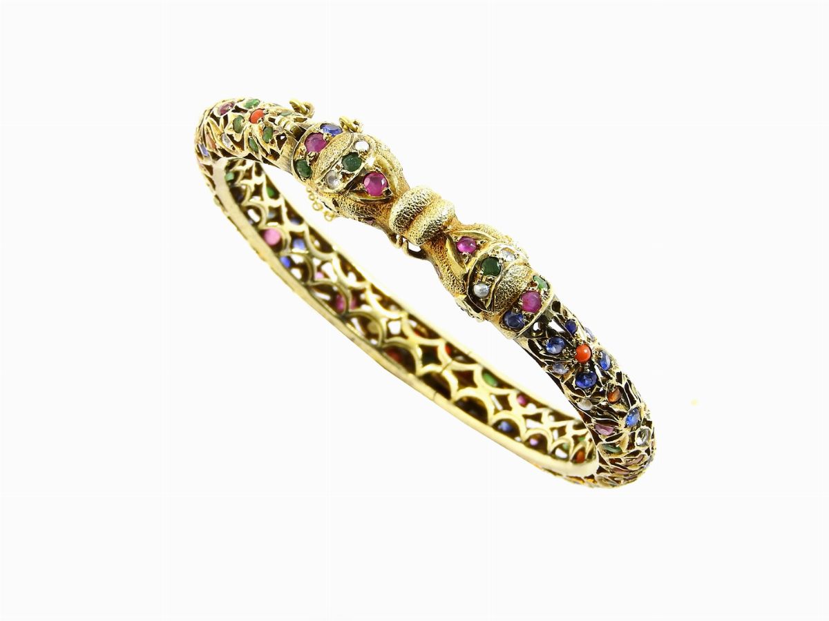 Bracciale Animalier a Schiava in Oro Giallo a Bassa Lega e Pietre Colorate
