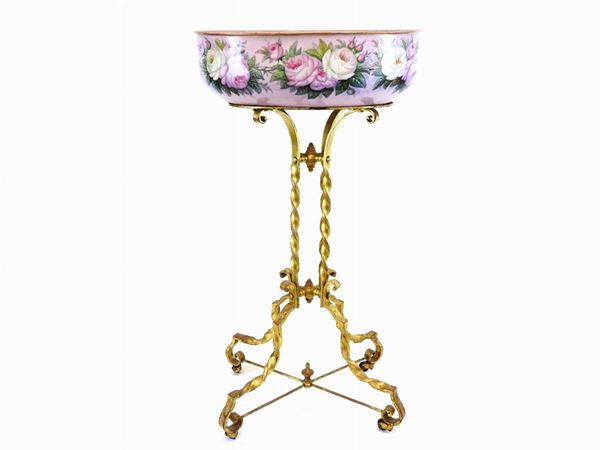 Painted Porcelain Jardiniere on a Gilded Metal Stand