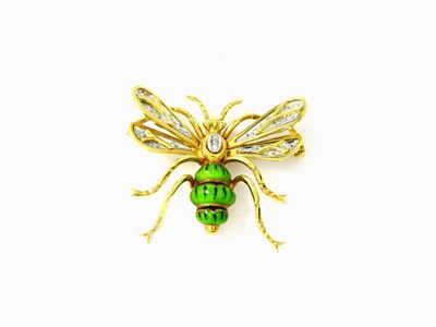 Spilla-pendente Anmalier in Oro Giallo, Smalto Verde e Diamanti