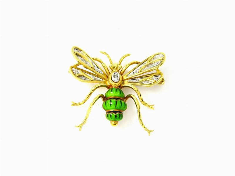 Spilla-pendente Anmalier in Oro Giallo, Smalto Verde e Diamanti
