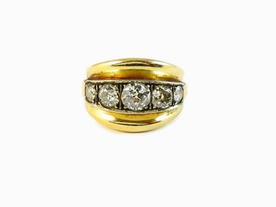 Anello a Fascia in Oro Giallo, Oro Bianco e Diamanti