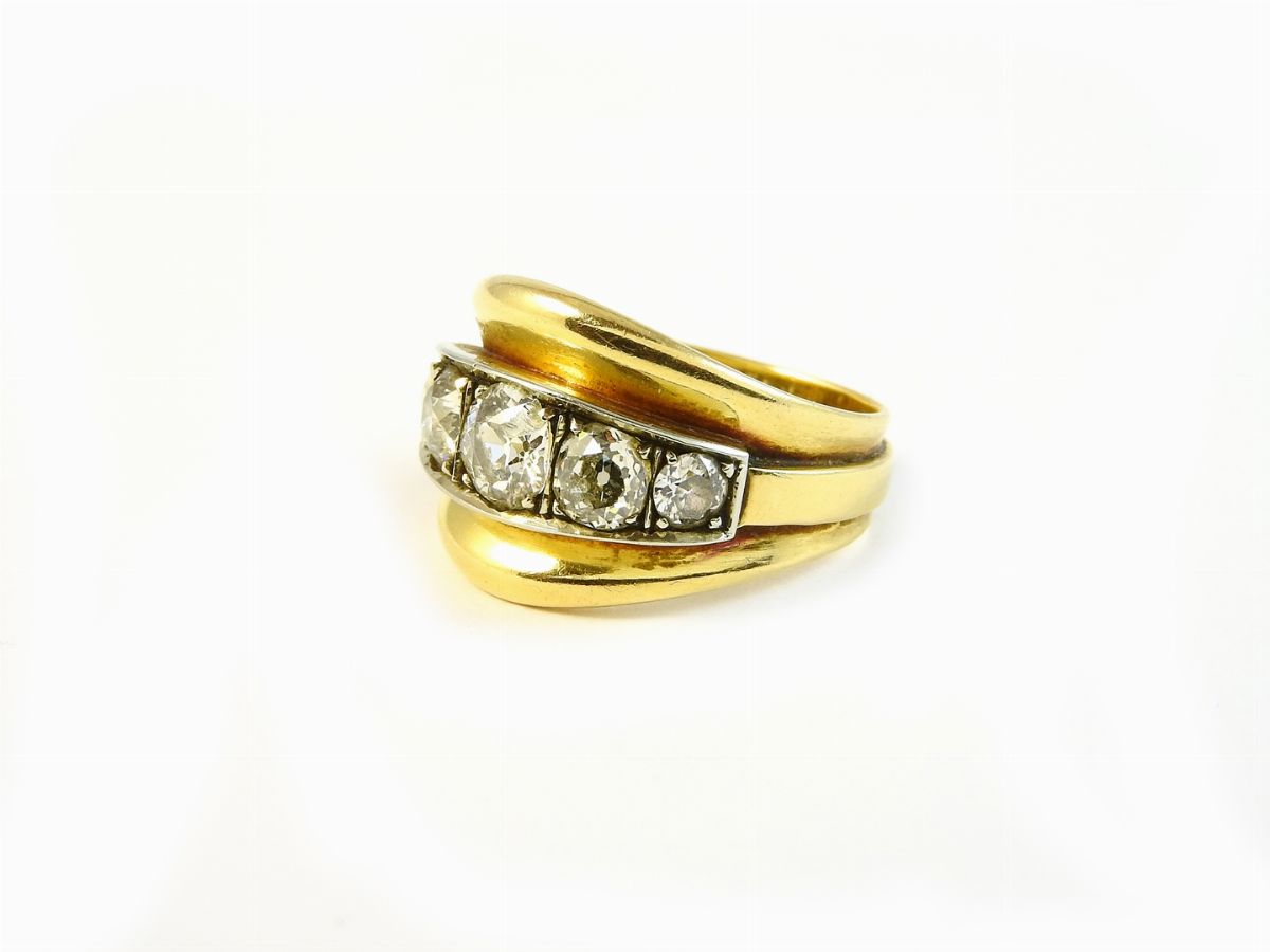Anello a Fascia in Oro Giallo, Oro Bianco e Diamanti