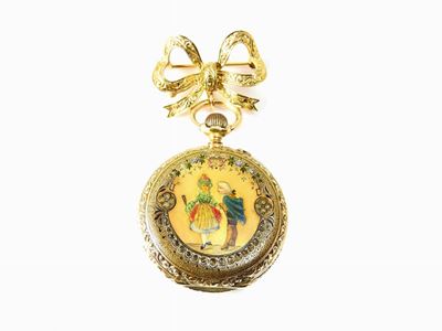 Orologio-spilla in Oro Giallo, Smalti Policromi e Piccole Perle