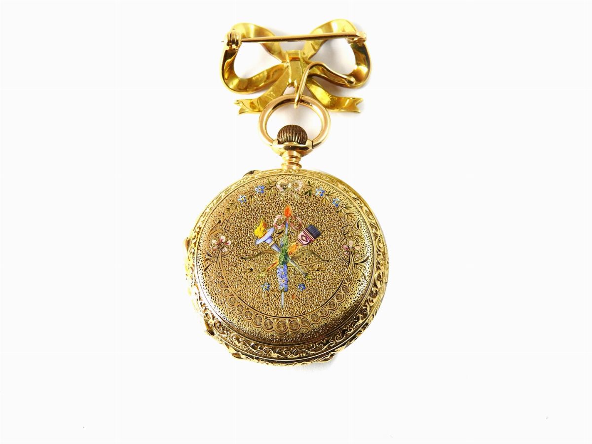 Orologio-spilla in Oro Giallo, Smalti Policromi e Piccole Perle