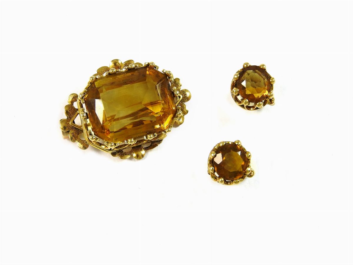 Parure Spilla e Orecchini in Oro Giallo e Quarzi Citrini