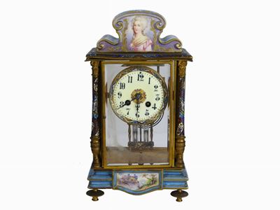 Orologio da Tavolo in Metallo Dorato, Smalti Cloisonné, Cristallo e Porcellana
