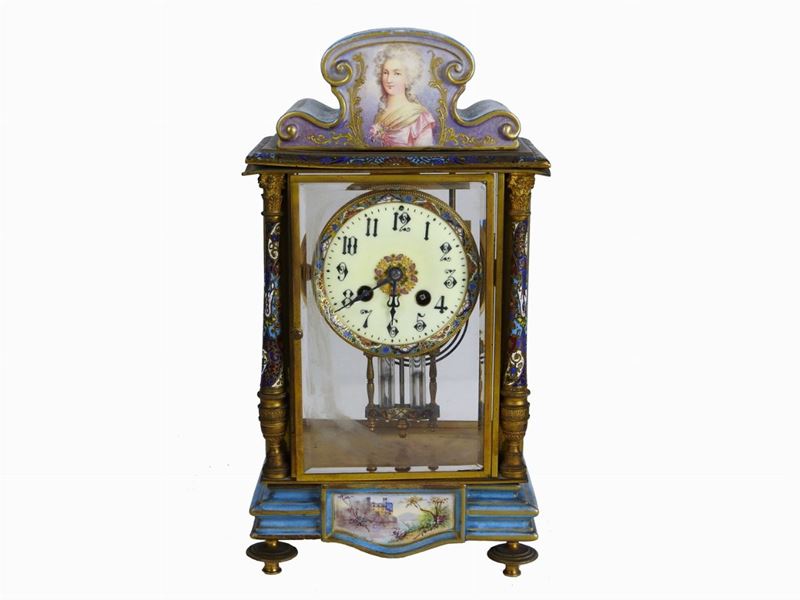 Orologio da Tavolo in Metallo Dorato, Smalti Cloisonné, Cristallo e Porcellana