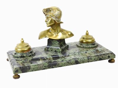 Calamaio in Bronzo Dorato e Marmo Verde