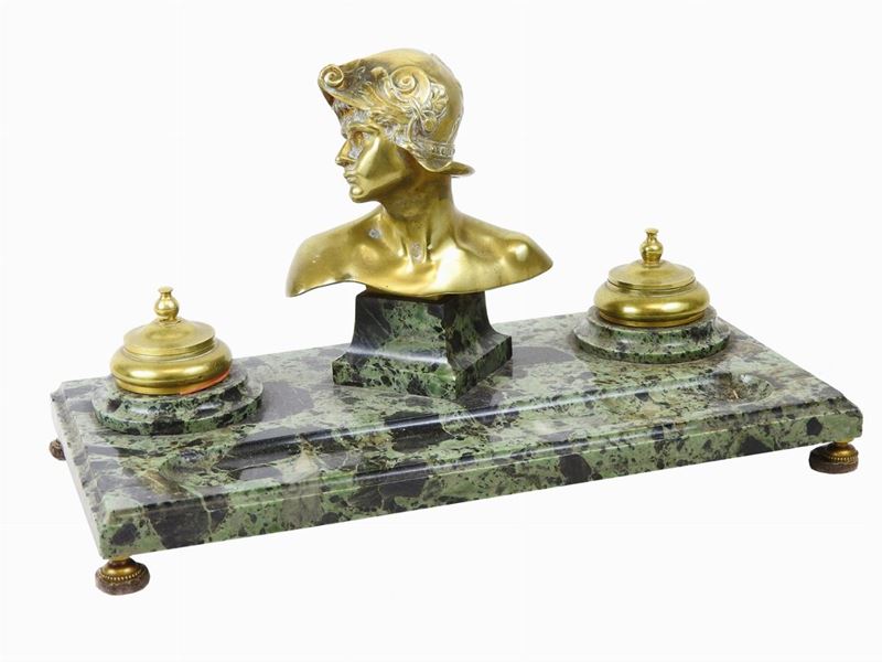 Calamaio in Bronzo Dorato e Marmo Verde