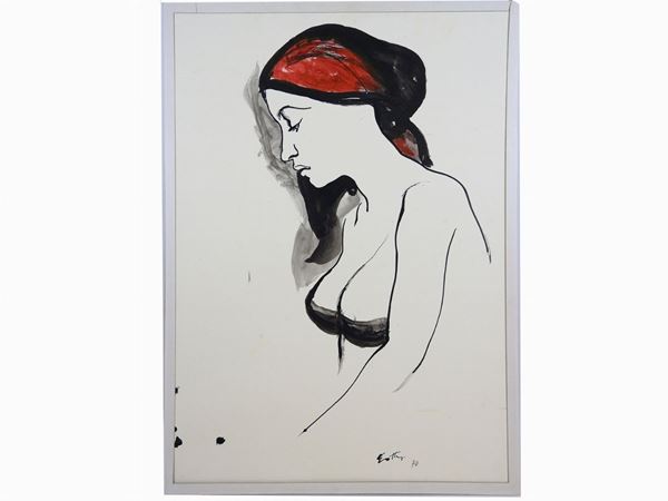 Renato Guttuso : Donna con fazzoletto rosso 1970  ((1911-1987))  - Asta Arte moderna e contemporanea / Arredi, Argenti e Dipinti Antichi - IV - Maison Bibelot - Casa d'Aste Firenze - Milano