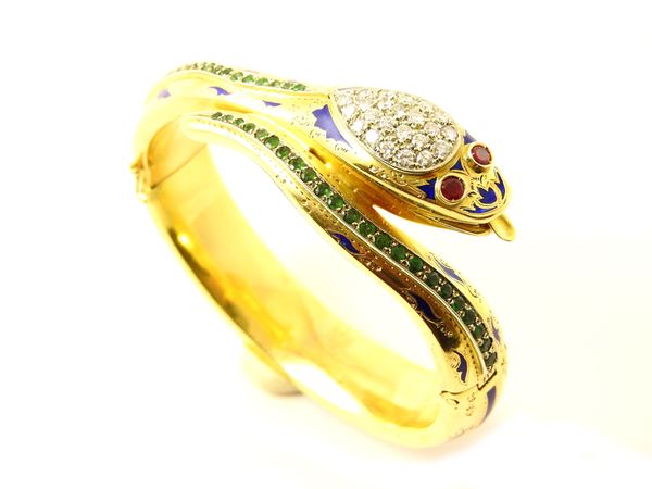 Yellow gold snake shaped bangle with multicoloured enamels, diamonds and emeralds