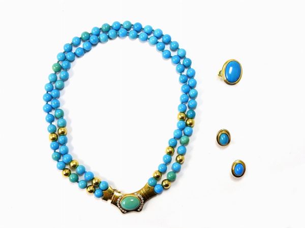 Parure of yellow gold, stabilized turquoise and diamonds