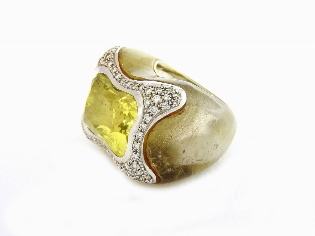 Anello in Quarzo Rutilato, Diamanti e Quarzo Lemon