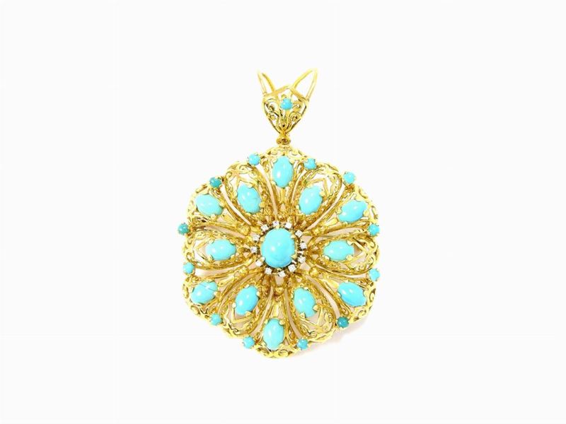 Spilla-pendente in Oro Giallo e Turchesi