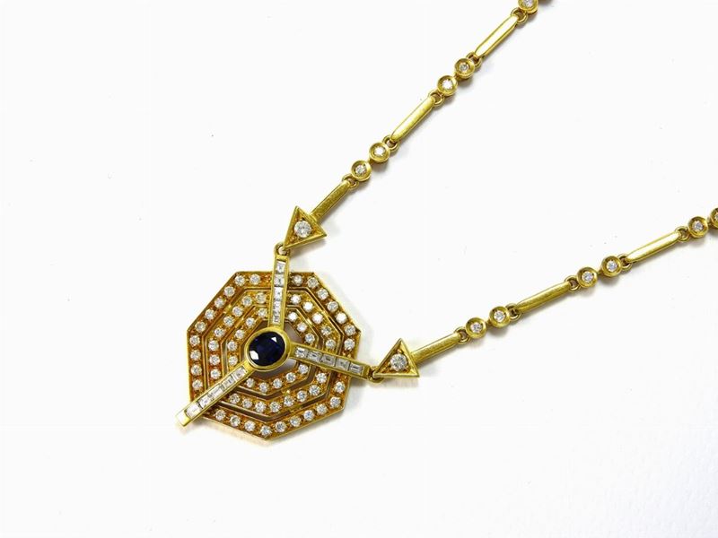 Collana in Oro Giallo, Diamanti e Zaffiri