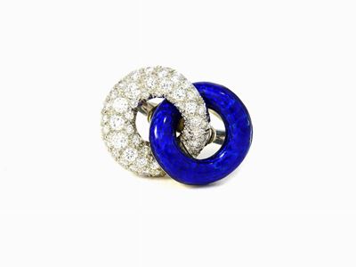 Anello in Oro Bianco, Smalto Blu e Diamanti