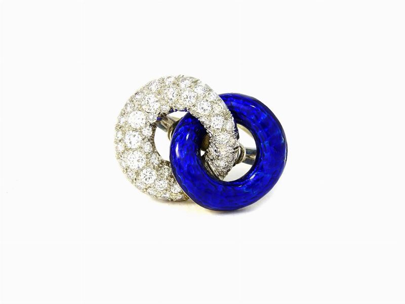 Anello in Oro Bianco, Smalto Blu e Diamanti