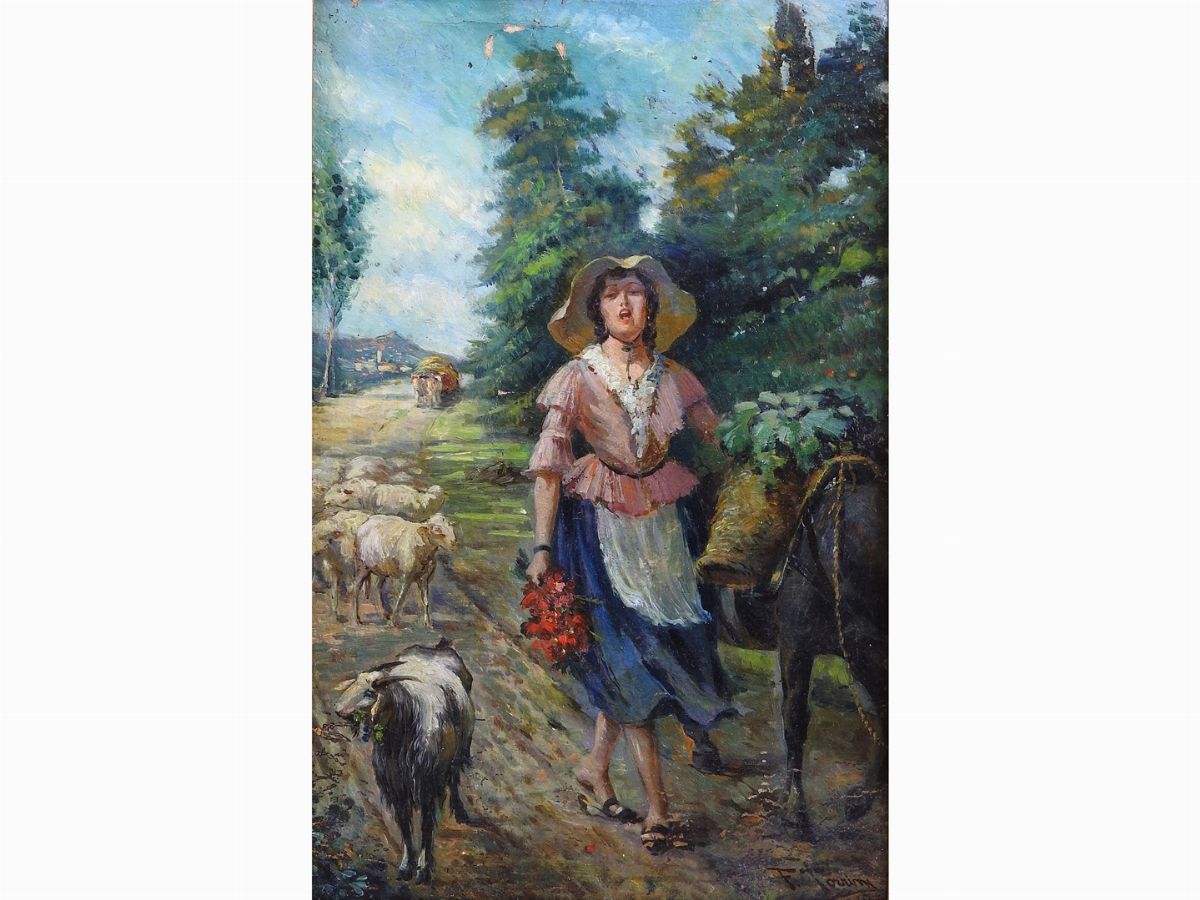 Paesaggio Marino con Figura Femminile e Scorcio Campestre con Contadinella