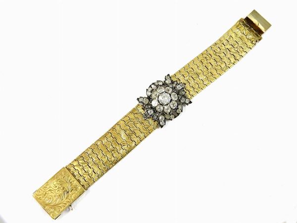 Low alloyed yellow gold bracelet with silver central panel  set with old cut diamonds