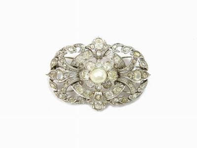 Spilla in Oro Bianco, Diamanti e Perla