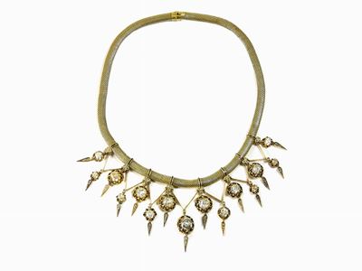 Collana Girocollo a Maglia Morbida in Oro Giallo, Smalto Nero e Diamanti
