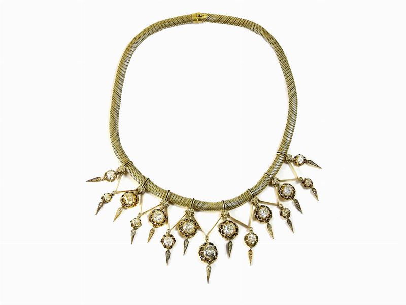Collana Girocollo a Maglia Morbida in Oro Giallo, Smalto Nero e Diamanti