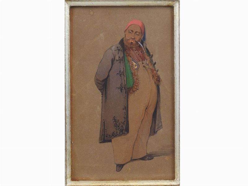 Scena Mitologica e Personaggio Maschile in Abito Orientale