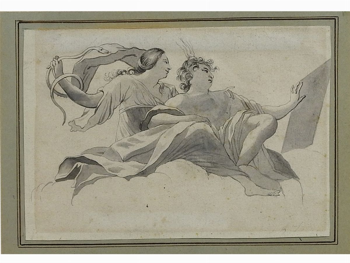 Scena Mitologica e Personaggio Maschile in Abito Orientale
