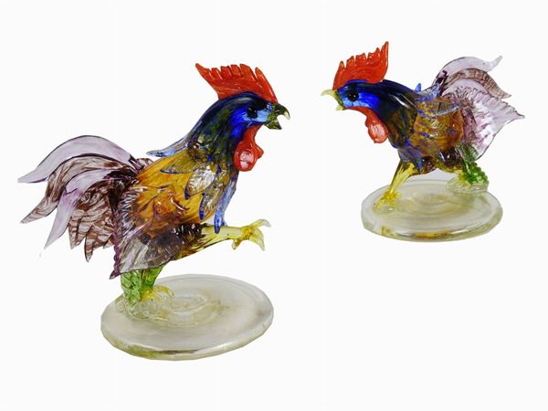 Two Murano Blown Glass Figures of Rooster