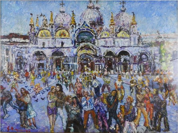 Guido Borgianni : View of Piazza San Marco in Venice  ((1915-2011))  - Auction Furniture and Old Master Paintings - III - Maison Bibelot - Casa d'Aste Firenze - Milano