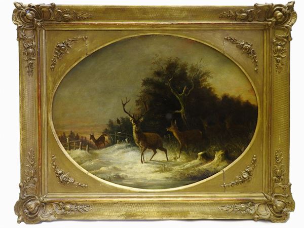 Anton Schmitz : Snowy Landscape with Deers  ((1855-1935))  - Auction Déballage: Interiors and Curiosities - I - Maison Bibelot - Casa d'Aste Firenze - Milano