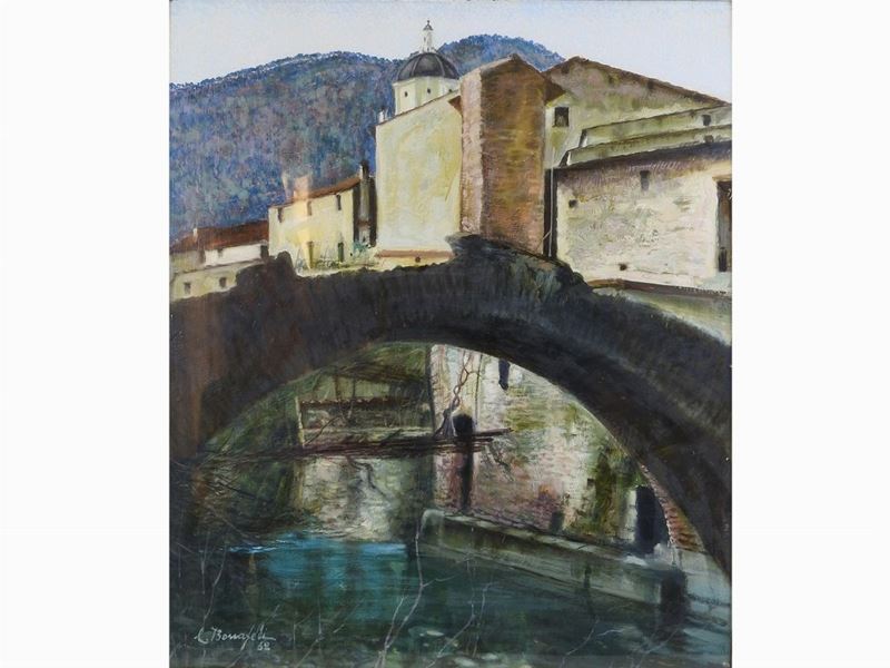 Carlo Bonafedi - Veduta di Paese con Ponte 1962