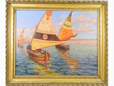 Paesaggio Marino con Gozzi a Vela