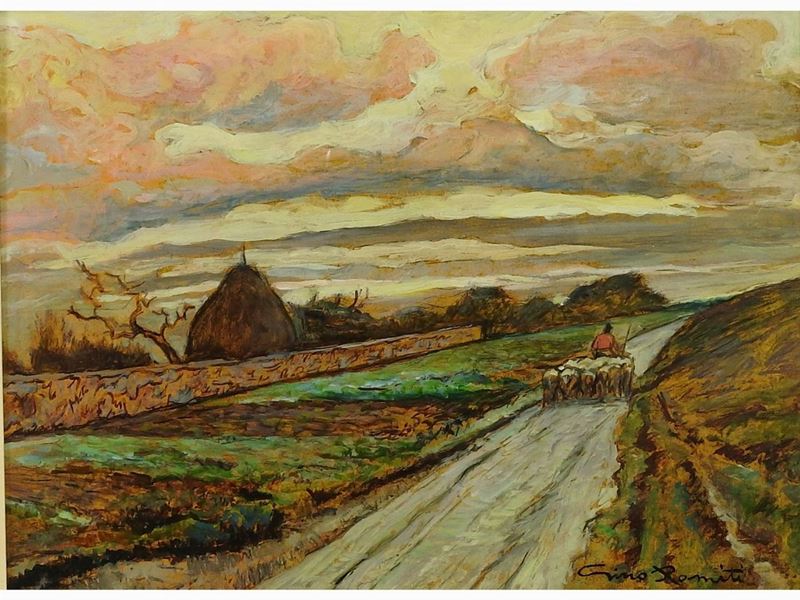 Gino Romiti - Scorcio di Strada di Campagna con Pastore e Gregge