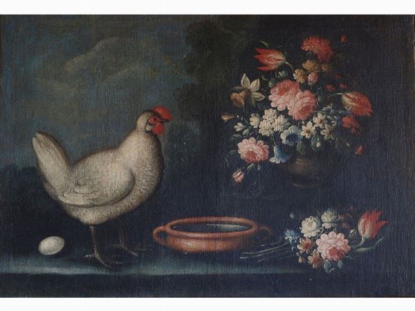 Giuseppe Pesci attribuito (attivo nella prima met&#224; del XVII secolo) - Natura morta con vaso di fiori e gallina