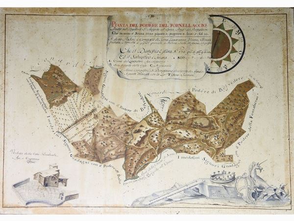 Map of The Farm ''Fornellacio'' in Potassieve, Tuscany  (late 18th Century)  - Auction Modern and Contemporary Art /   An antique casale in Settignano: Paintings - I - Maison Bibelot - Casa d'Aste Firenze - Milano