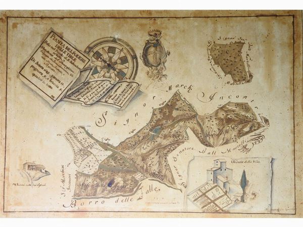 Map of The Farm ''delle Tirle'' in Pontassieve, Tuscany  (late 18th Century)  - Auction Modern and Contemporary Art /   An antique casale in Settignano: Paintings - I - Maison Bibelot - Casa d'Aste Firenze - Milano