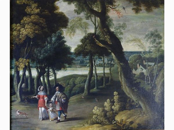 Scuola francese del XVIII secolo - Paesaggio campestre con viandanti